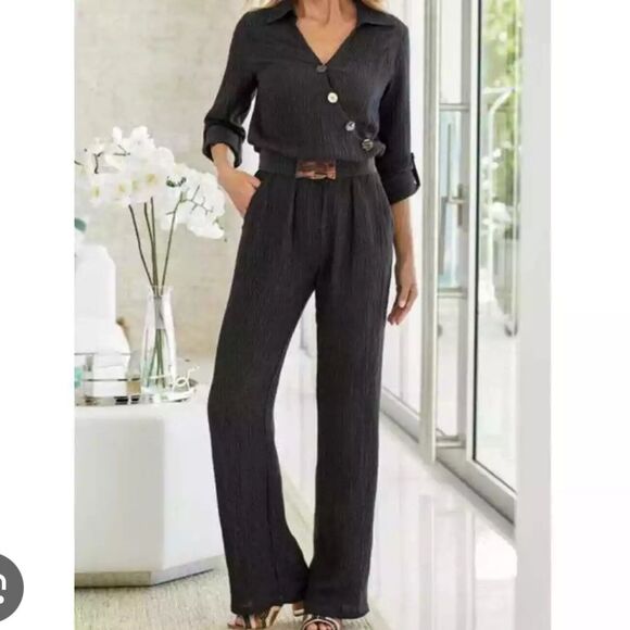 Soft Surroundings Cannes Black Crinkle Gauze Jumpsuit - Picture 8 of 8